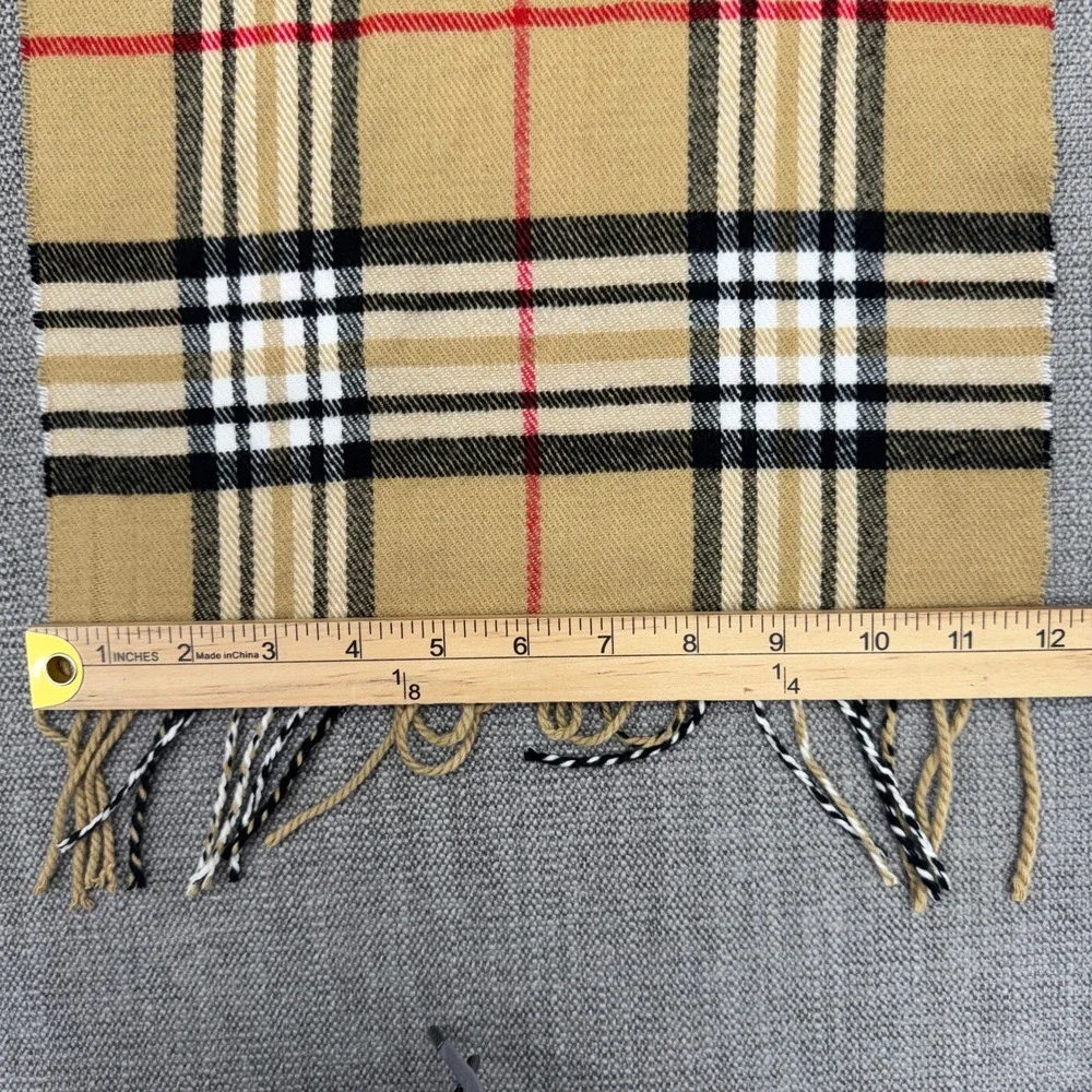 Italy Design Cashmere Blend Scarf Tan Plaid Fringe 20% Cashmere 80% Viscose